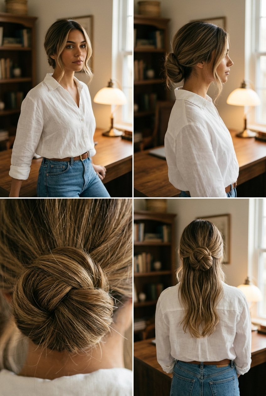 natural balayage twisted low knot with face-framing tendrils and effortless vibe