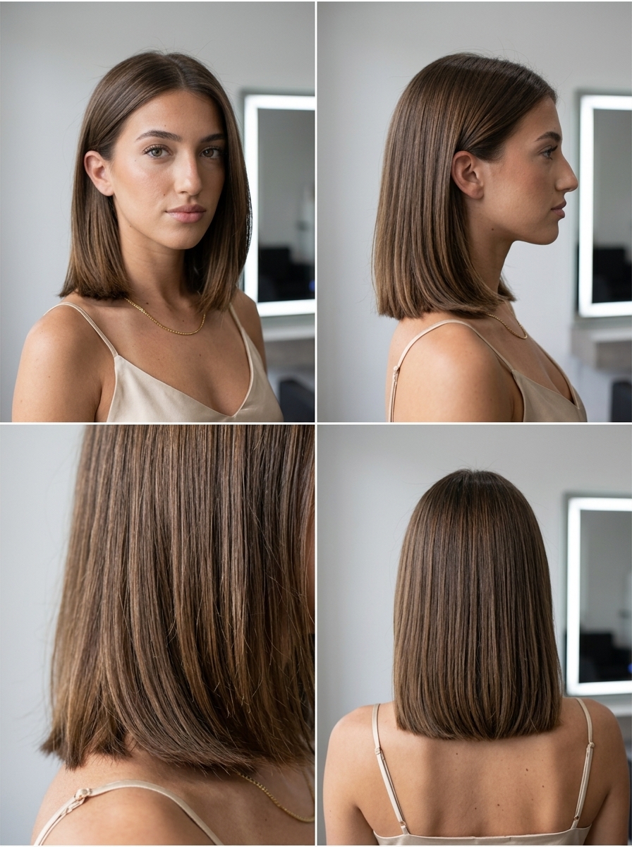 medium blunt lob haircut in natural brown with clear gloss, tucked style for daily wear