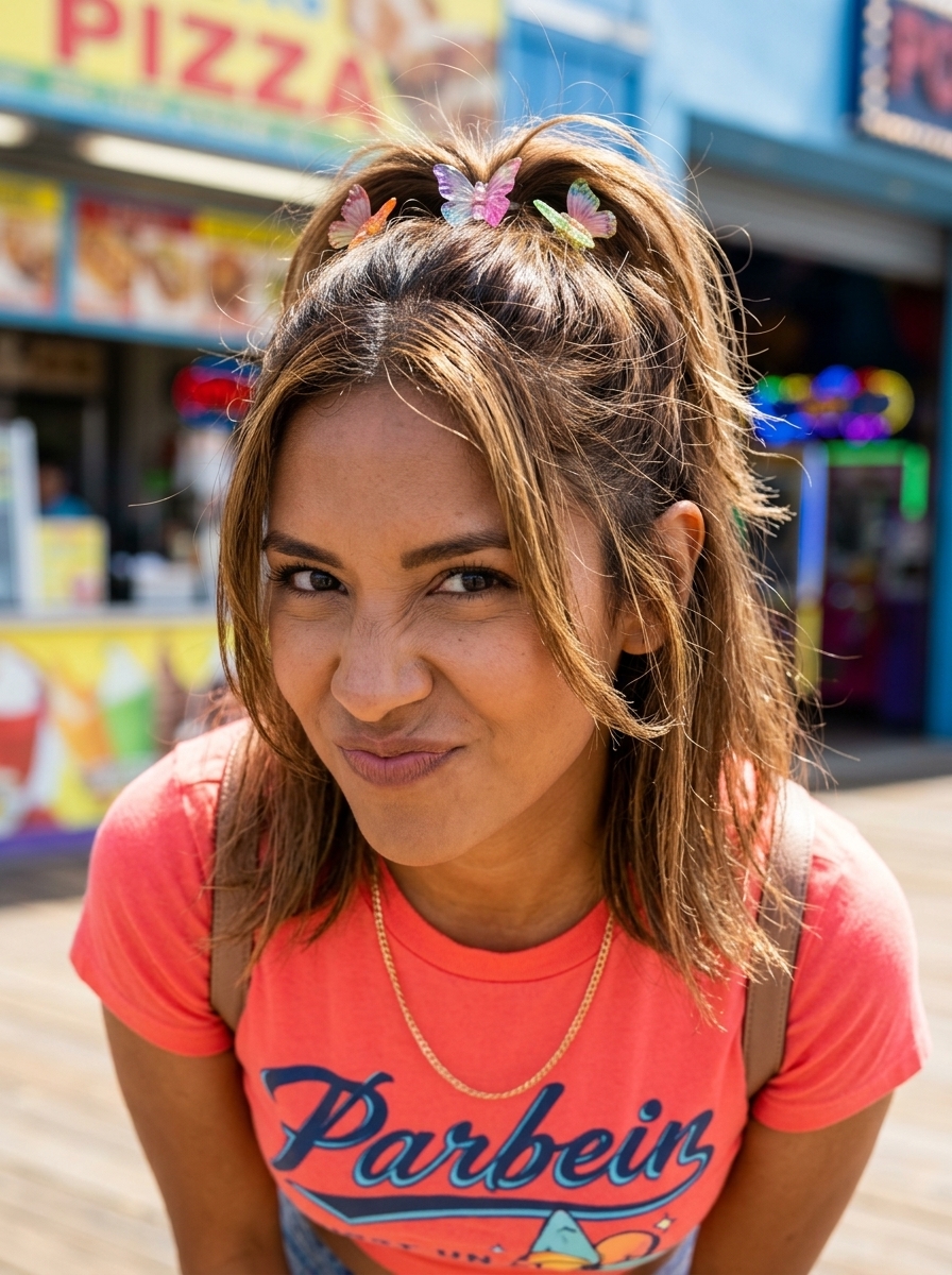 Natural brown half up half down with butterfly clips for playful festivals