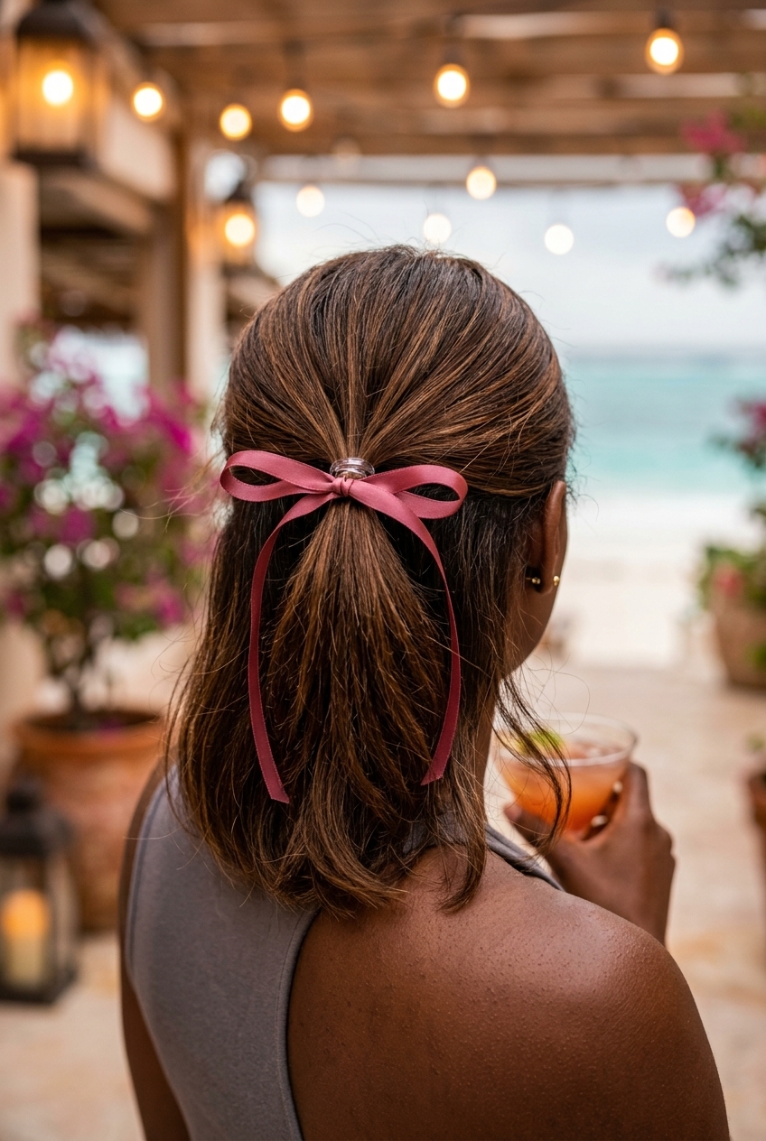 Coquette Ribbon Knot Half Up 2026 long natural brunette half up half down with ribbon knot and face-framing tendrils for casual outing