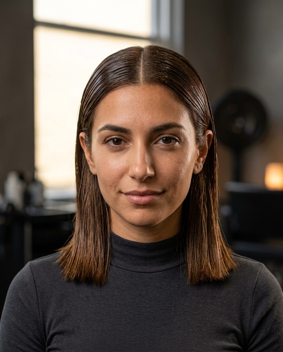 medium blunt lob haircut with natural brunette, high-gloss finish, no bangs — bold