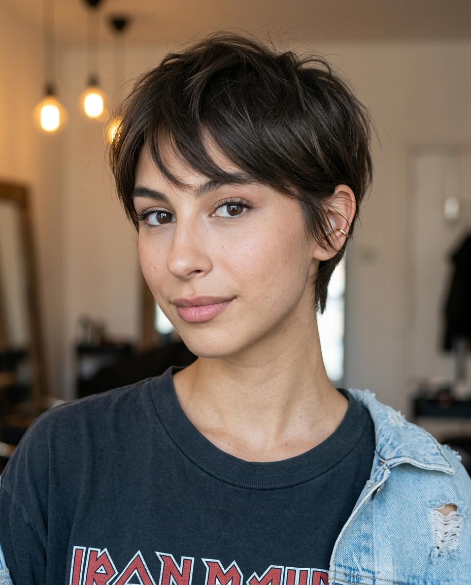 short choppy pixie haircut in natural brunette with razored ends and side-swept fringe for summer