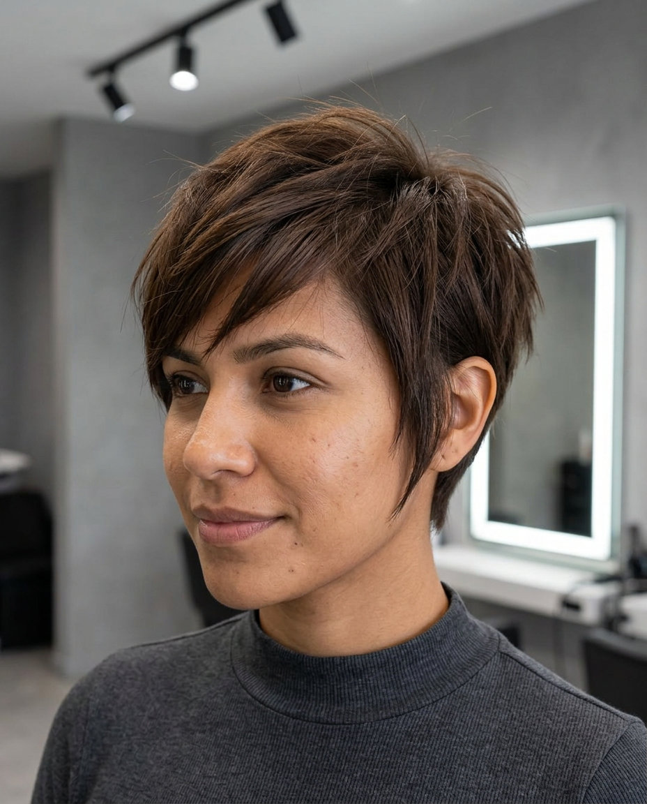 short pixie haircut with natural brunette hair and swept side bangs for summer