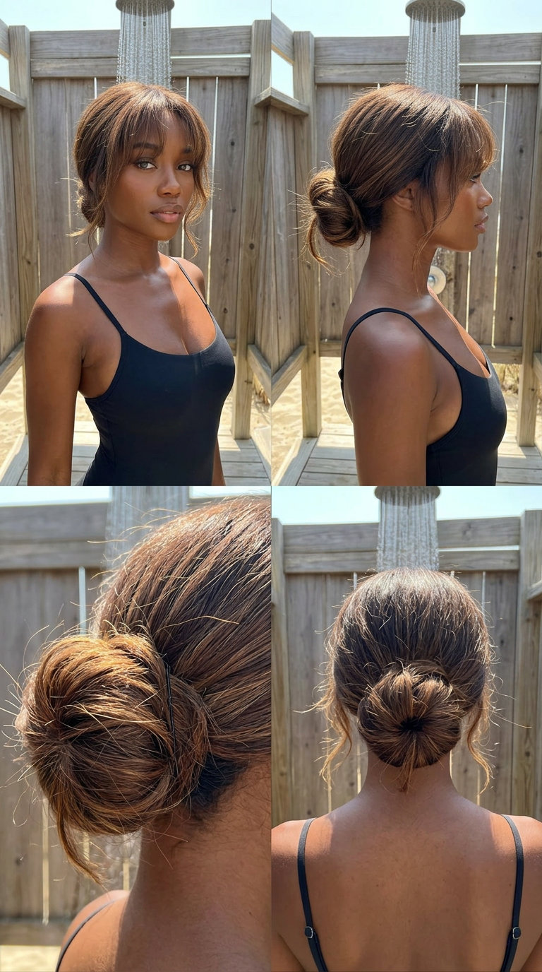 long messy bun with natural highlights, undone texture for summer