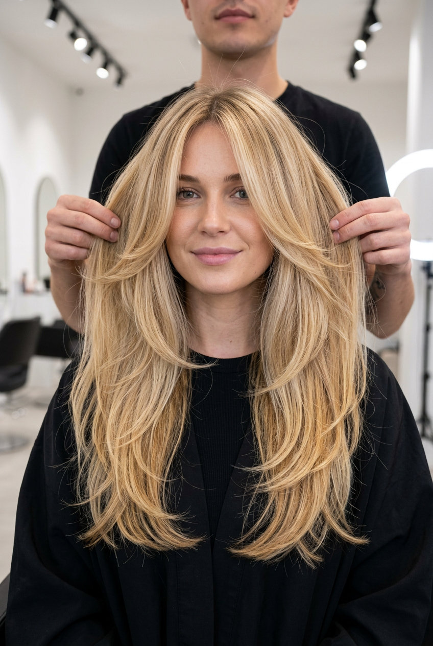long creamy golden nectar blonde with warm honey, fine babylights, no fringe — professional chic