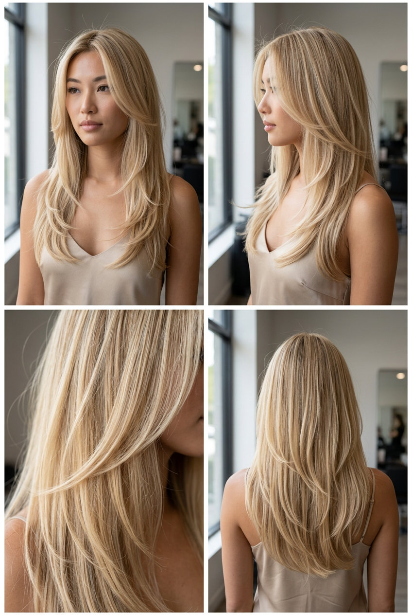 long creamy nectar blonde hair with golden babylights and C-shape face framing for summer weddings