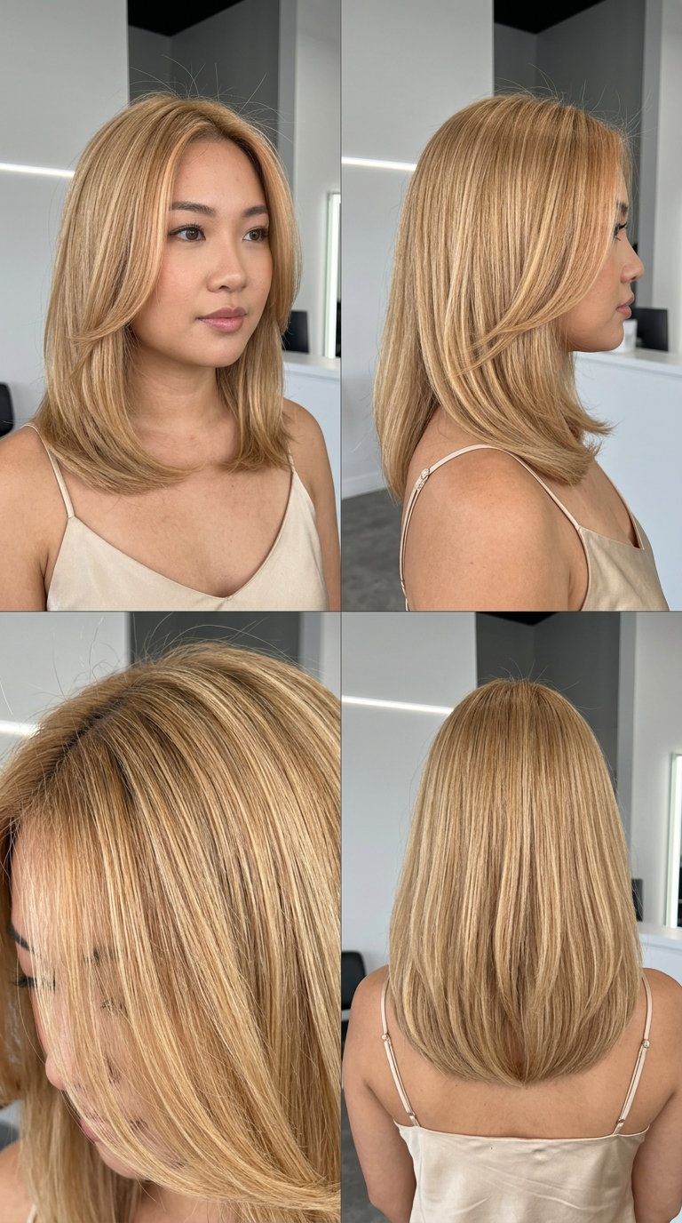 mid-length nectar blonde hair with apricot babylights and internal C-shape layers for daily polish