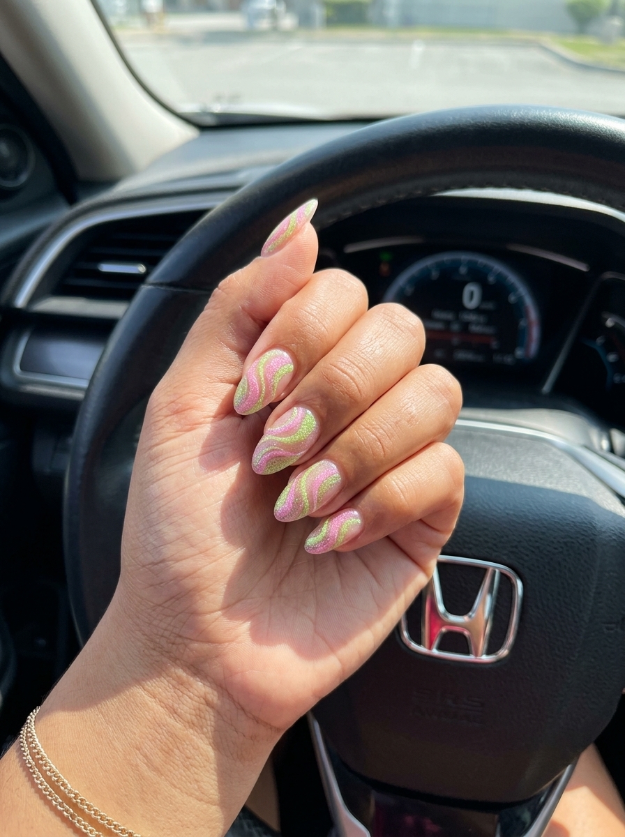 Neon Pastel Swirl Glitter Burst nails for festivals, a playful summer glitter nails 2026 design.