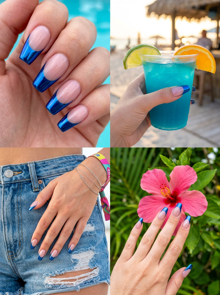 Cobalt Blue Chrome French nails for neon summer nails 2026, perfect for glam nights out and festivals.