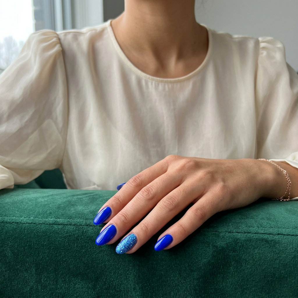 Cobalt blue nails with iridescent blue glitter accent for neon summer nails 2026.