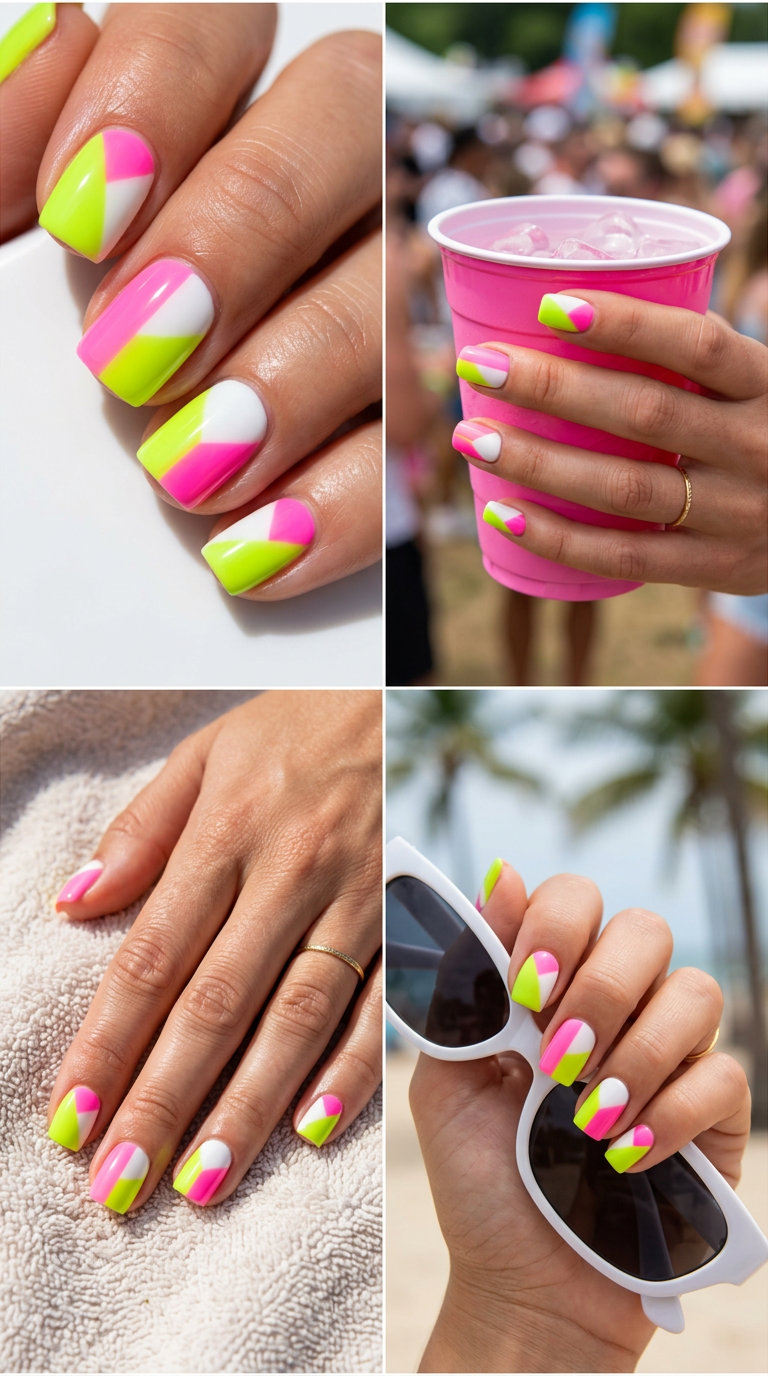 Electric Lime Color Block nails for neon summer nails 2026, sporty and energetic for casual days.