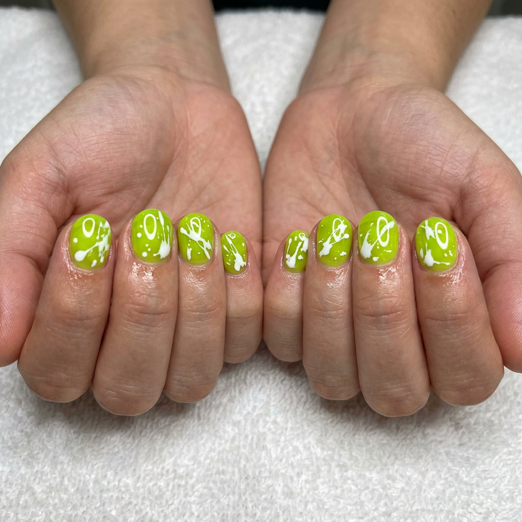 Electric Lime Jelly Splatter nails: playful festival & casual style for neon summer nails 2026.