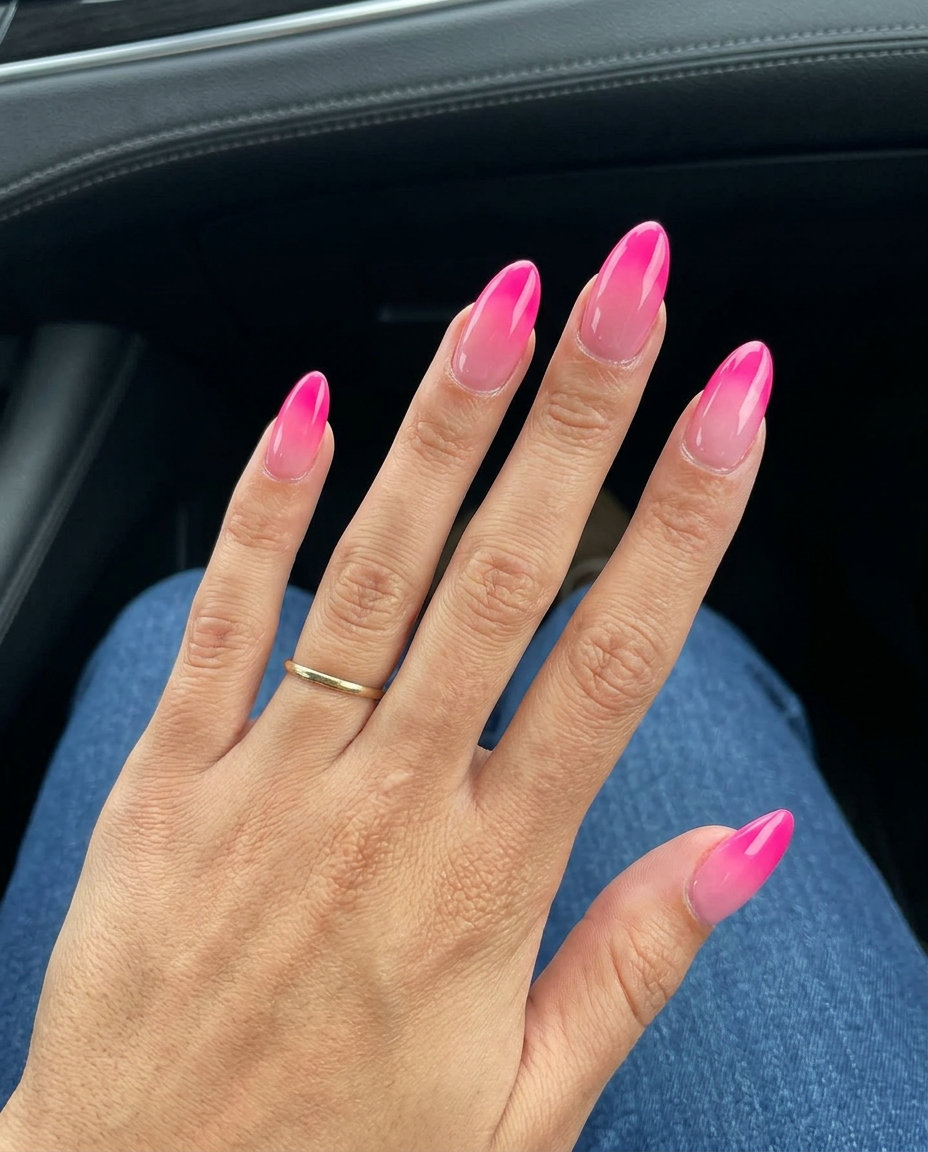 Hot Pink Aura Ombre nails: romantic wedding guest & date night style for neon summer nails 2026.