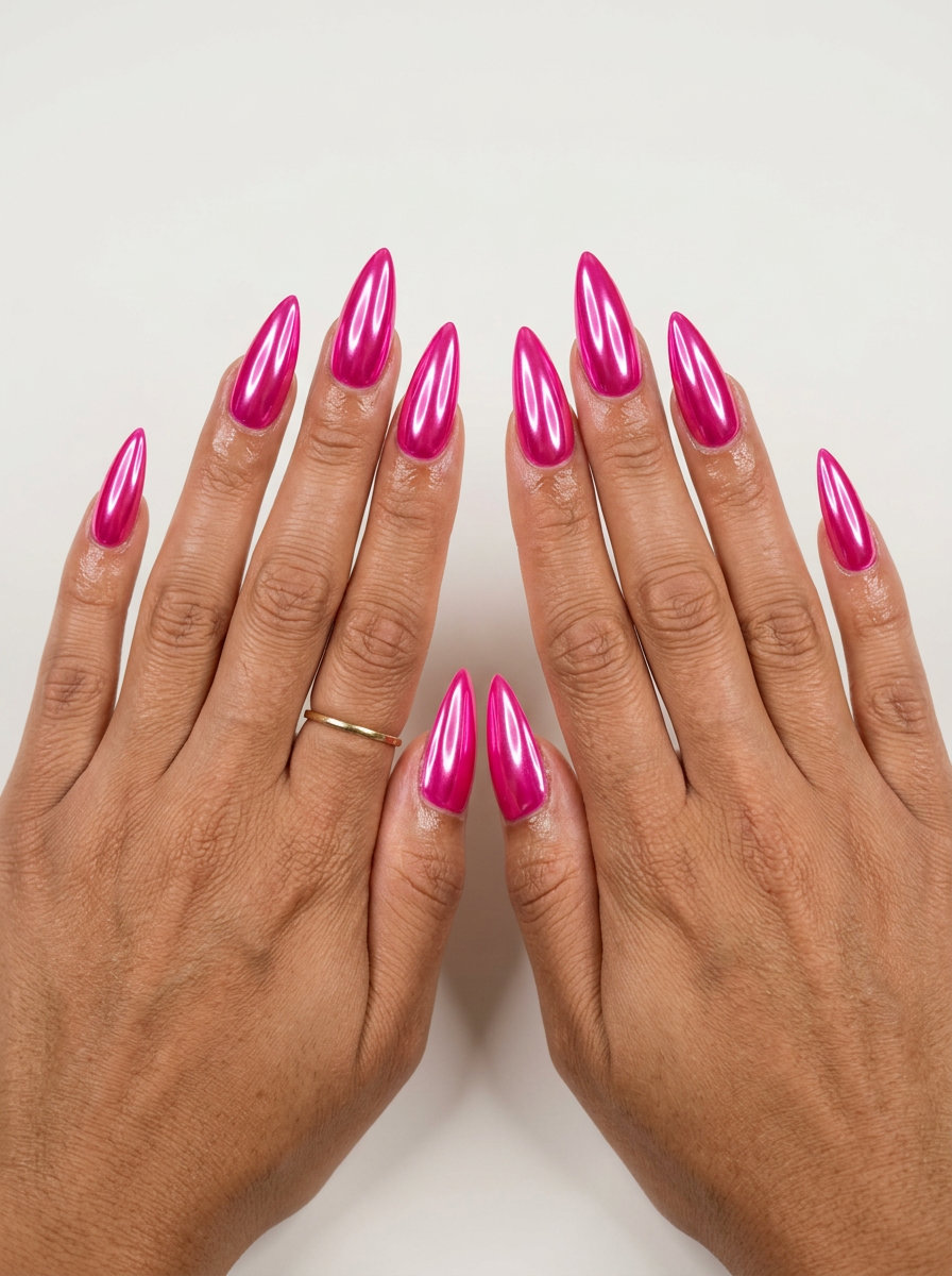 Hot pink chrome stiletto nails for neon summer nails 2026. Sultry, glamorous, daring party look.