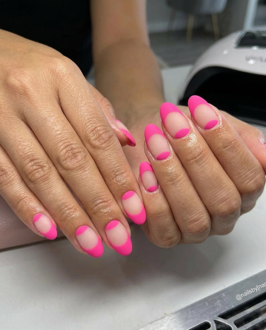 Hot Pink Matte Reverse French nails: edgy daily & night out style for neon summer nails 2026.
