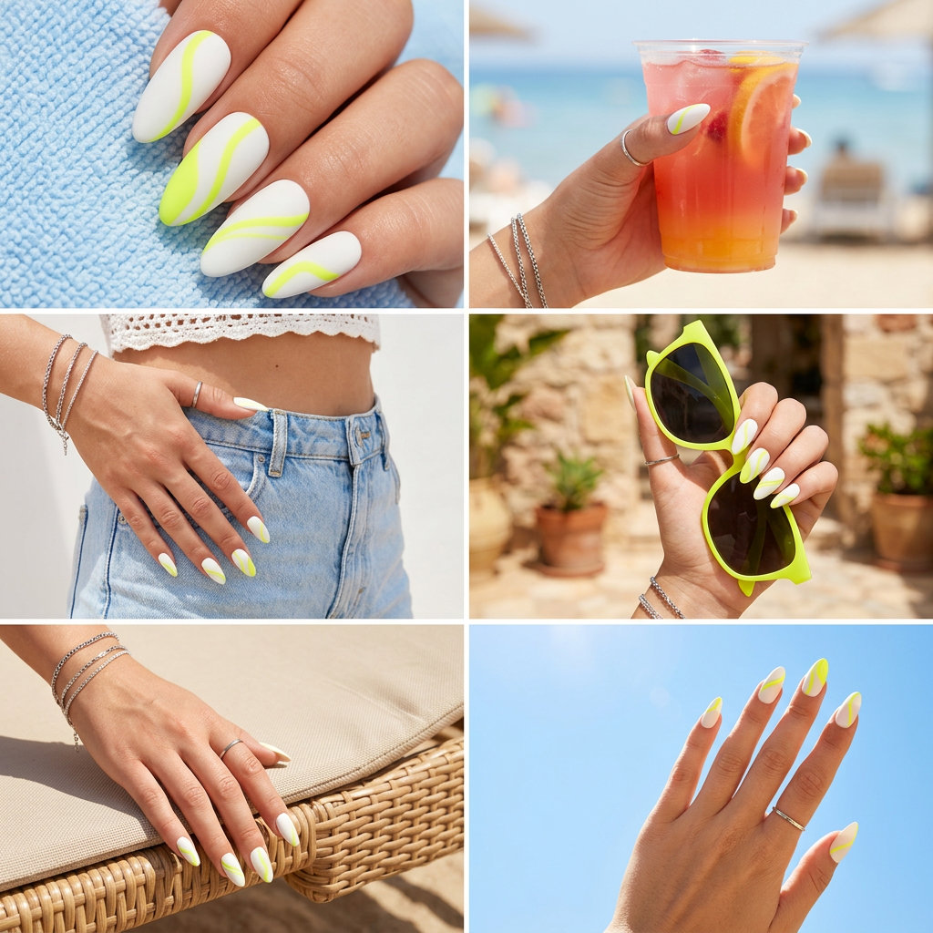 Matte neon yellow line art on white nails for neon summer nails 2026. Edgy, artistic, bold style.