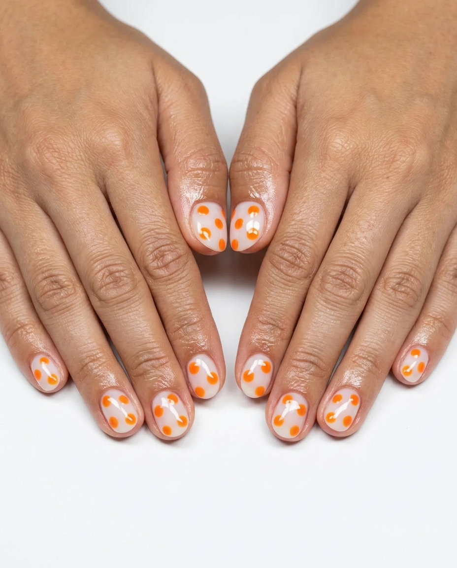 Vivid orange jelly dots on milky white nails for neon summer nails 2026. Playful, sweet, whimsical.