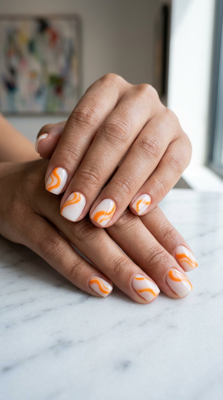 Vivid Orange Abstract Swirls nails: sophisticated date night & art gallery style for neon summer nails 2026.