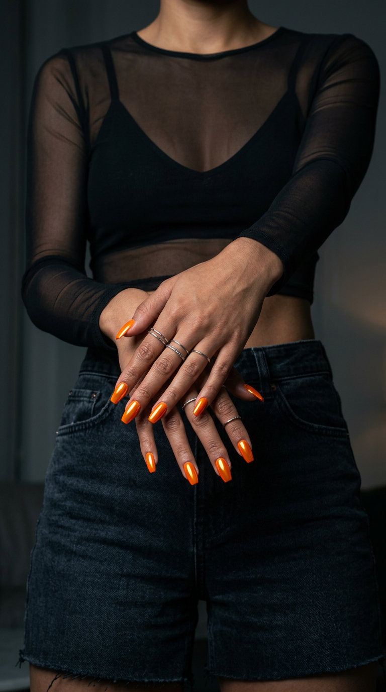 Vivid Orange Chrome Coffin nails: glamorous party & night out style for neon summer nails 2026.