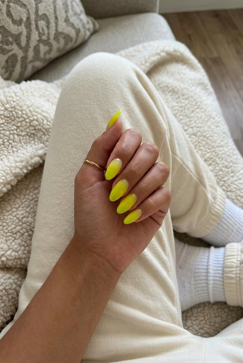 Neon yellow jelly ombre nails for neon summer nails 2026. Playful, luminous, whimsical vacation style.