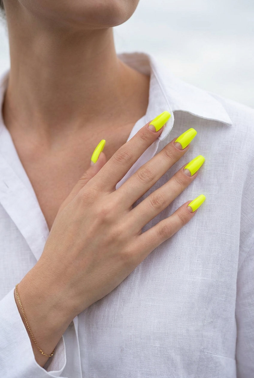 Neon yellow reverse French tip nails on clear base for neon summer nails 2026.
