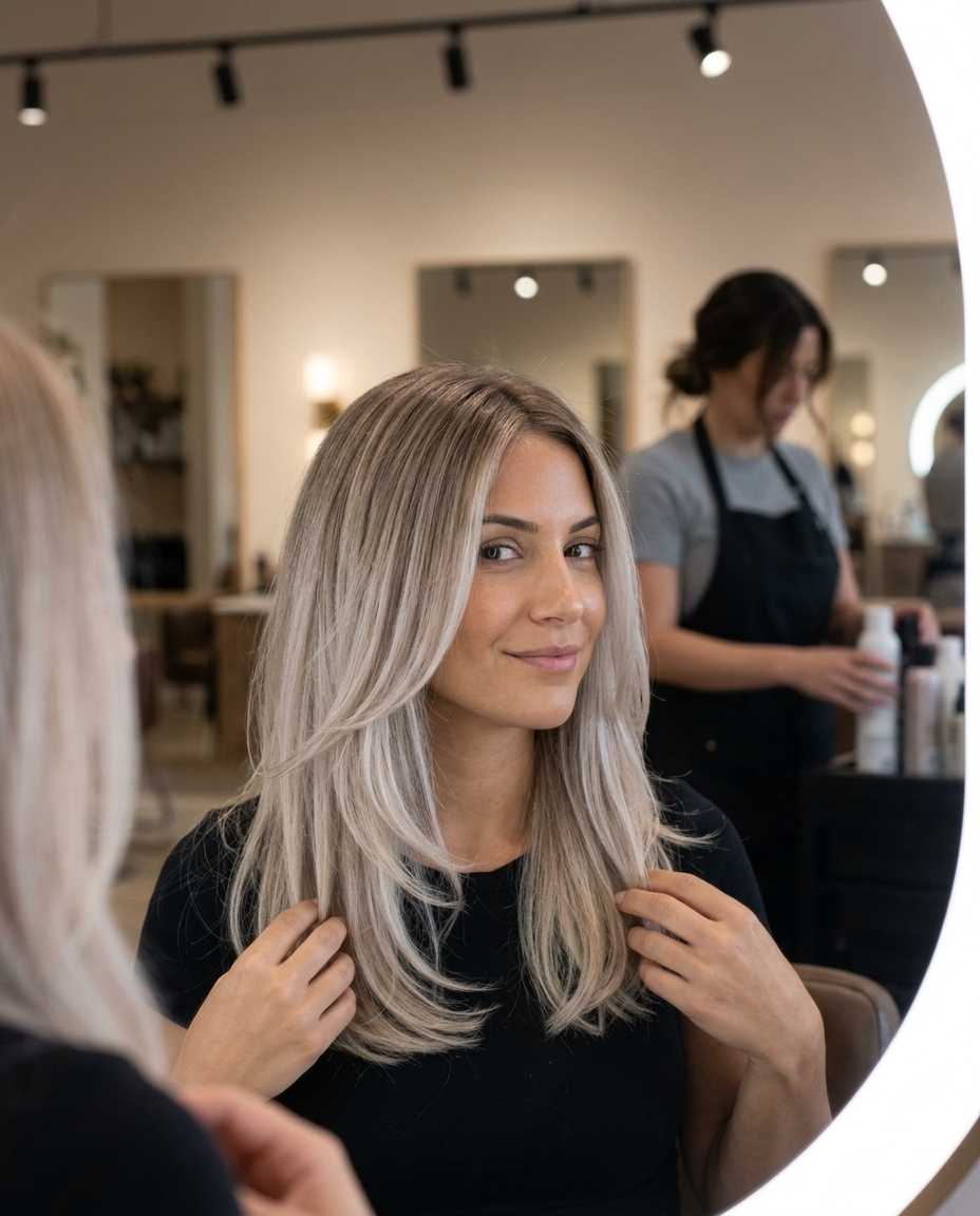long oatmilk blonde with beige ash root, pale cool ash ends, color melt — soft creamy professional