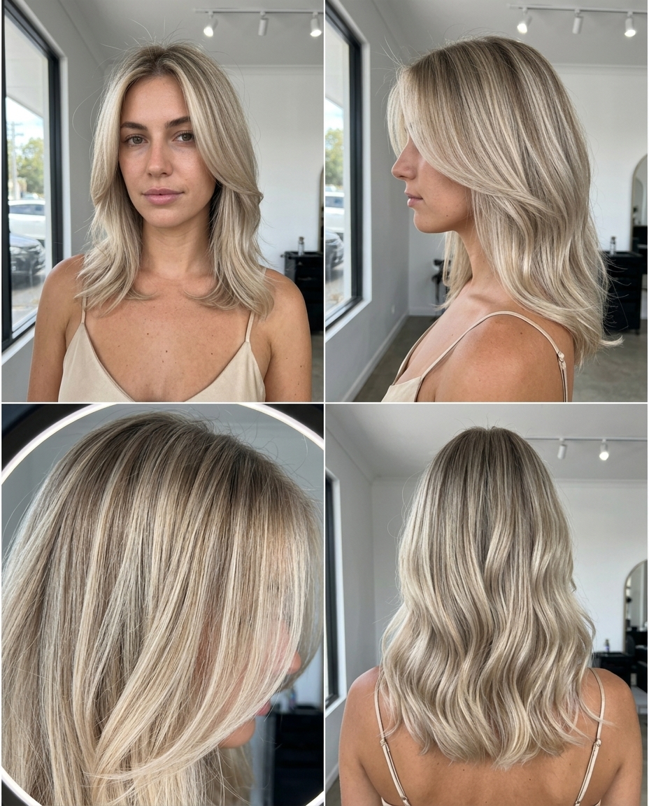 long oatmilk blonde with neutral ash shadow root, pearl ends, no fringe — romantic