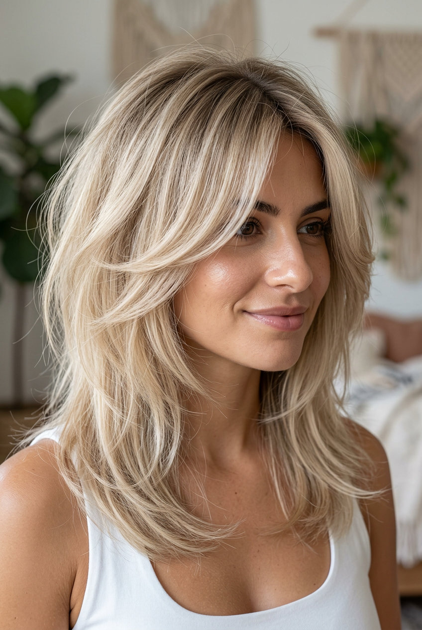 mid-length soft cloud cut with oatmilk blonde and sandy beige, babylights, face-framing layers — soft ethereal volume
