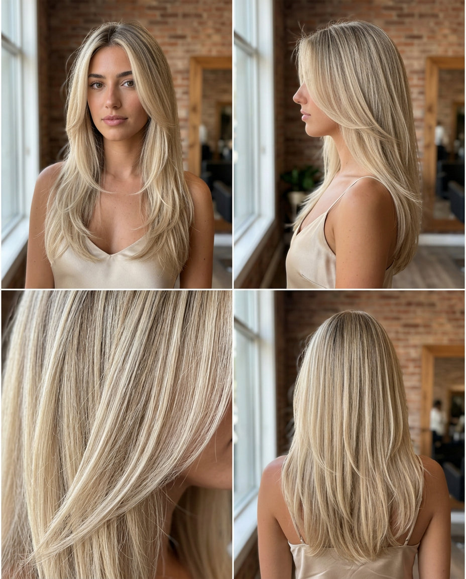 long layered haircut in creamy oatmilk blonde with neutral root blend, face-framing layers — effortless, playful, beachy