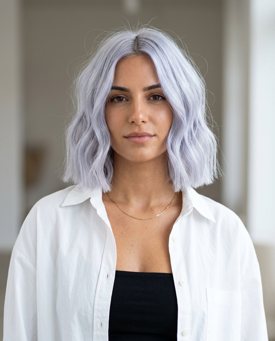 short Ocean Mist Silver Scandi bob with icy white periwinkle undertones, 'S' waves, no fringe — edgy beach