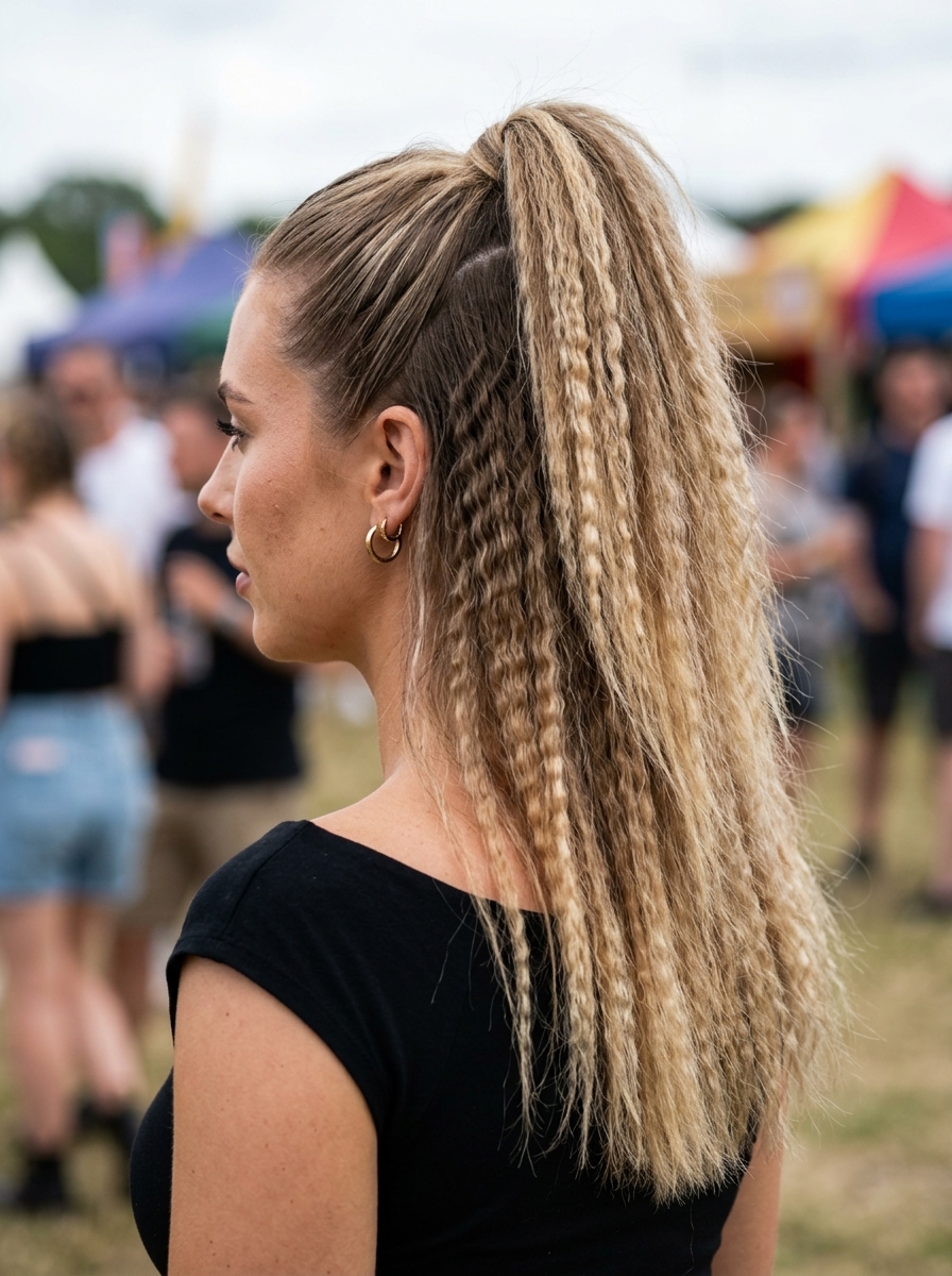 Crimped Power Pony 2026 Ombre half up half down crimped ponytail with bright ends for edgy festivals
