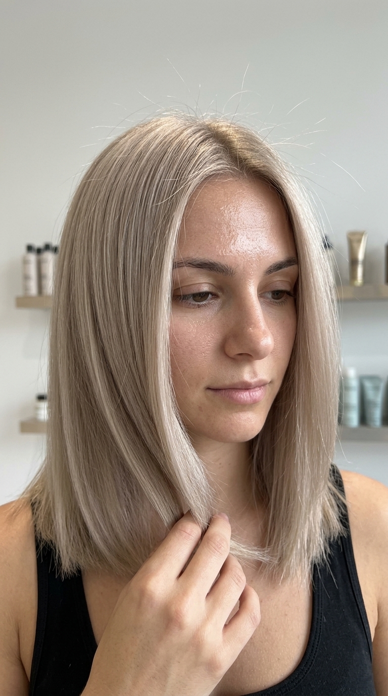 one-length straight ash blonde all-over color with pale sandy beige tones for minimalist look