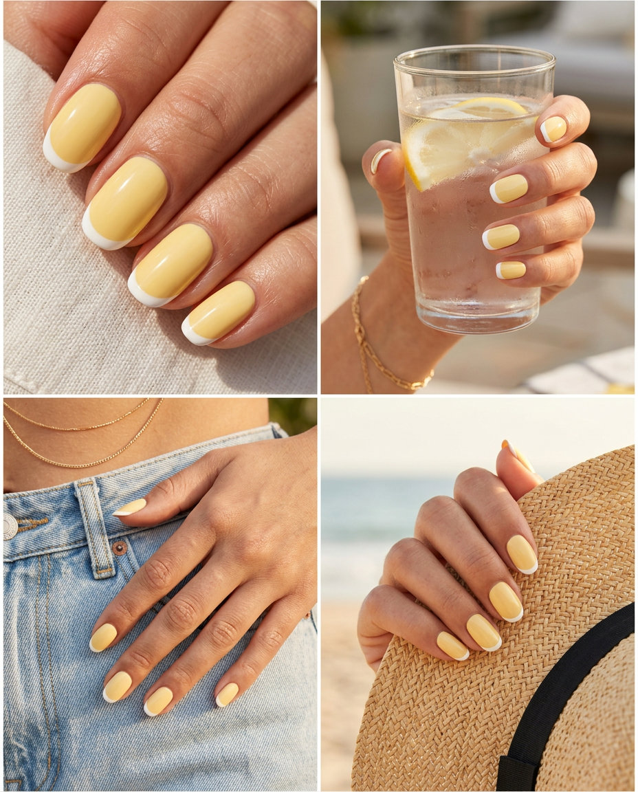 Buttercup French Tip oval summer nails 2026 for all skin tones: playful yellow & white gel polish for casual picnics.