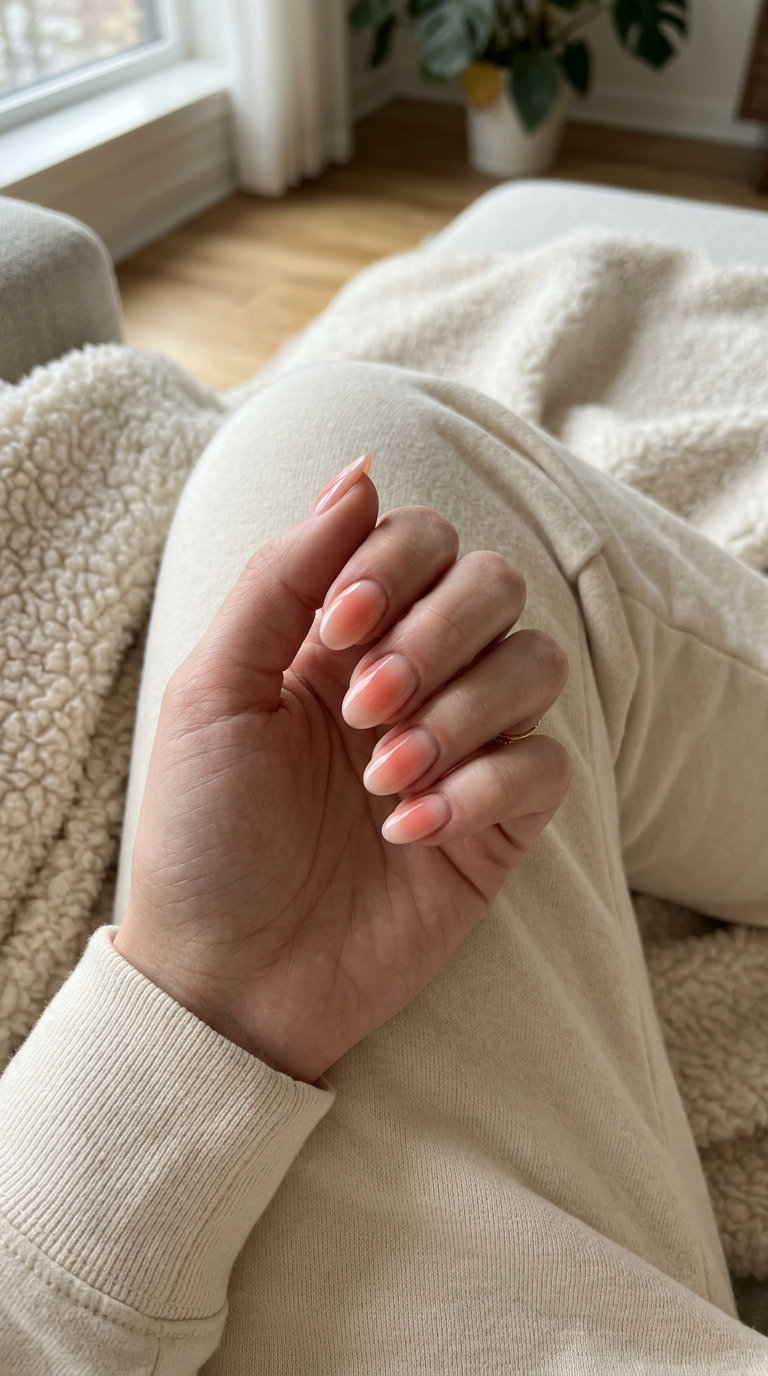 Coral Blush Aura Gradient oval nails: romantic blend of coral, pink, and peach for date nights.