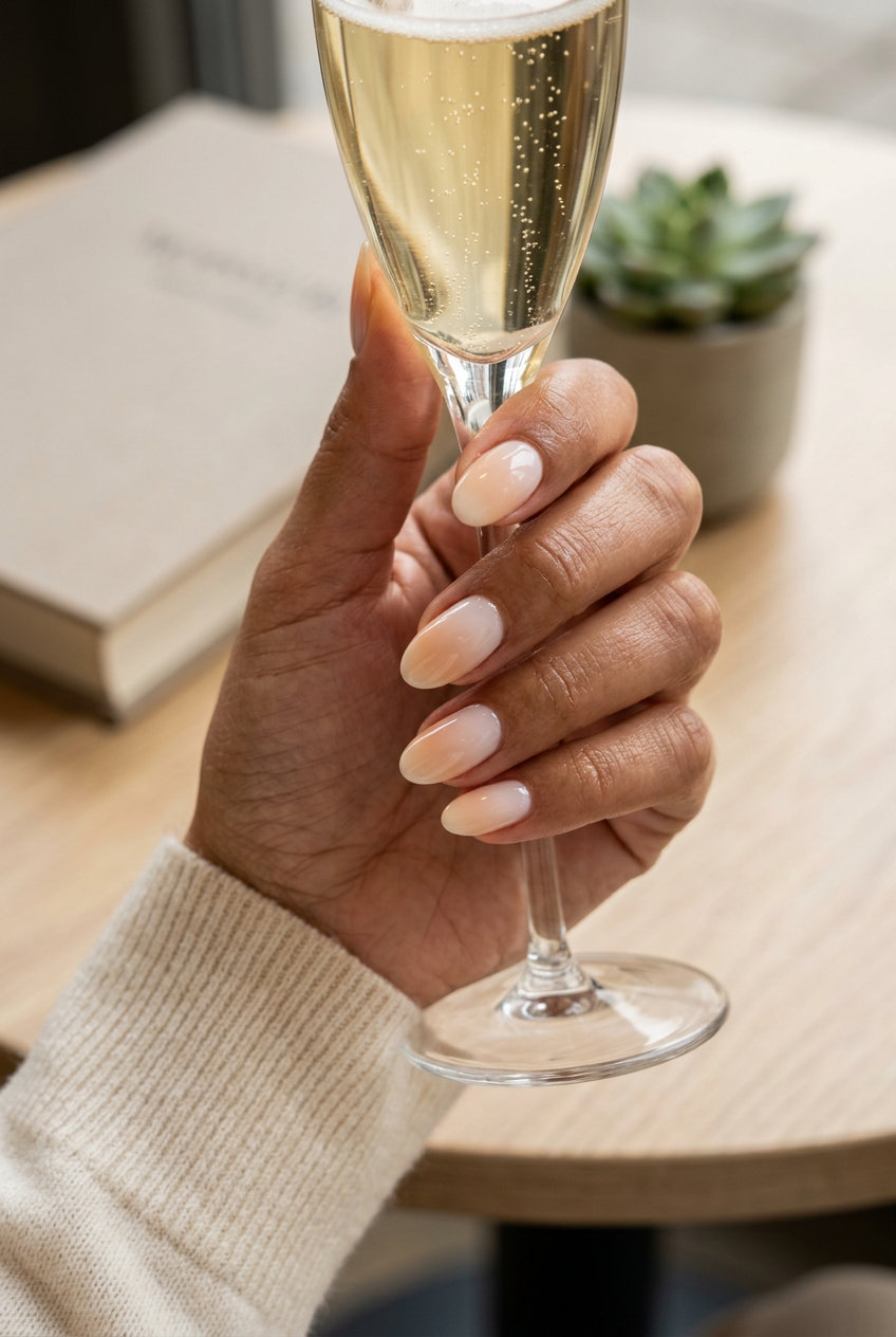 Dreamy Peach Cloud Ombre oval summer nails 2026 for all skin tones. Romantic blend of milky white and peach.