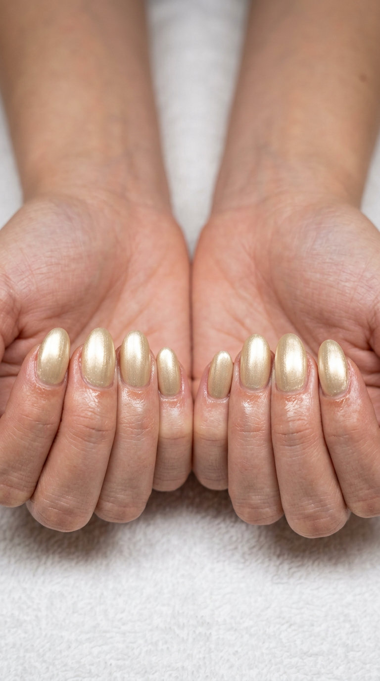 Golden Hour Pearlescent Oval nails: soft gold with luminous shimmer for date nights and summer events.