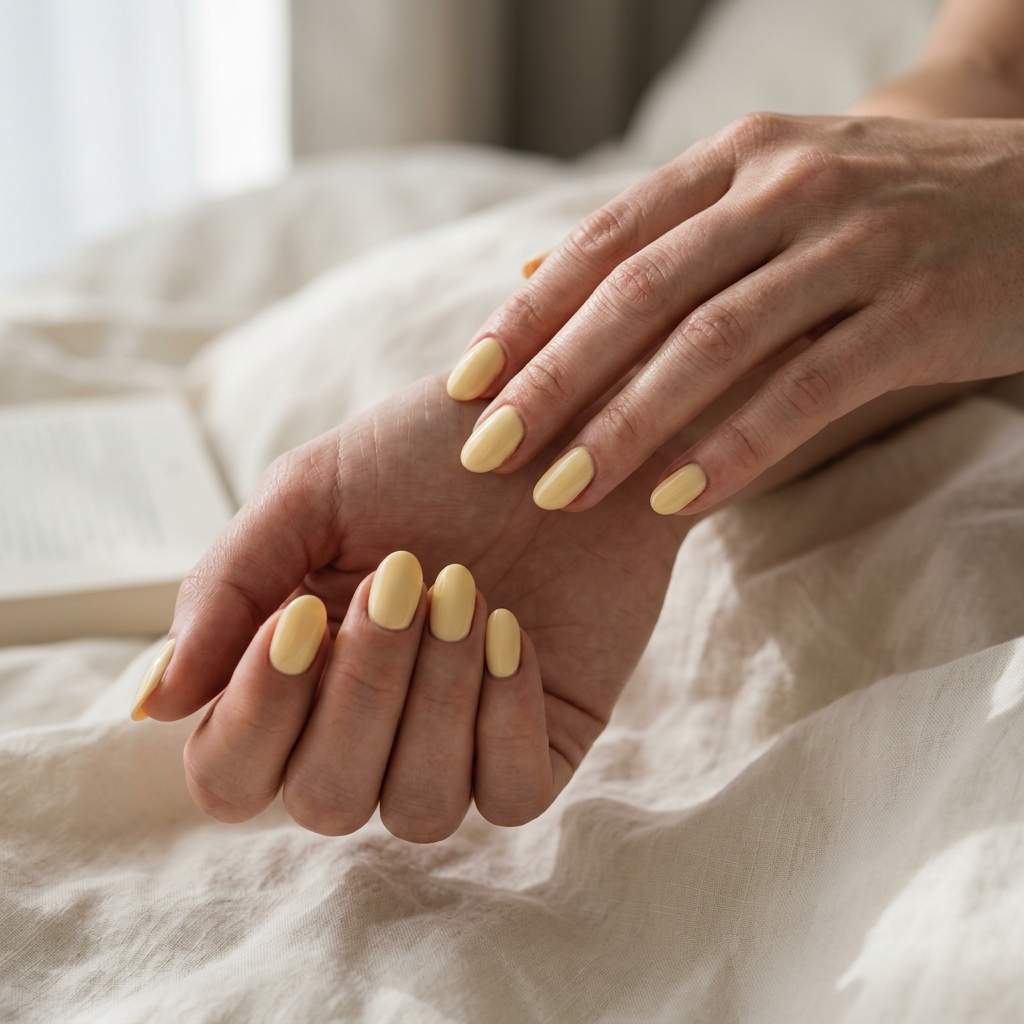 Oval summer nails 2026: Lemon sorbet butter almond for vacations and beach days. Soft buttery yellow.