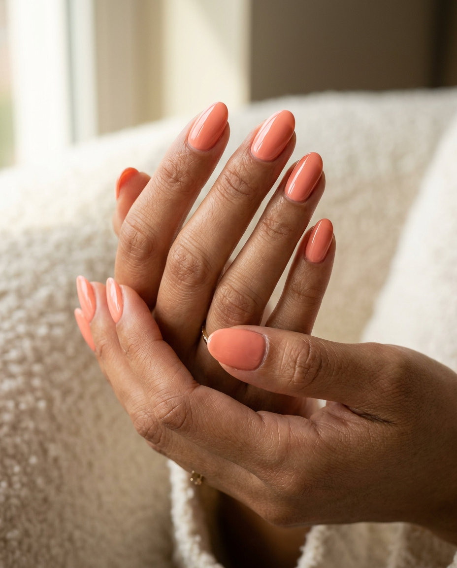 Light Coral Sunset Gloss oval summer nails 2026 for all skin tones. Warm, radiant coral with high-gloss.