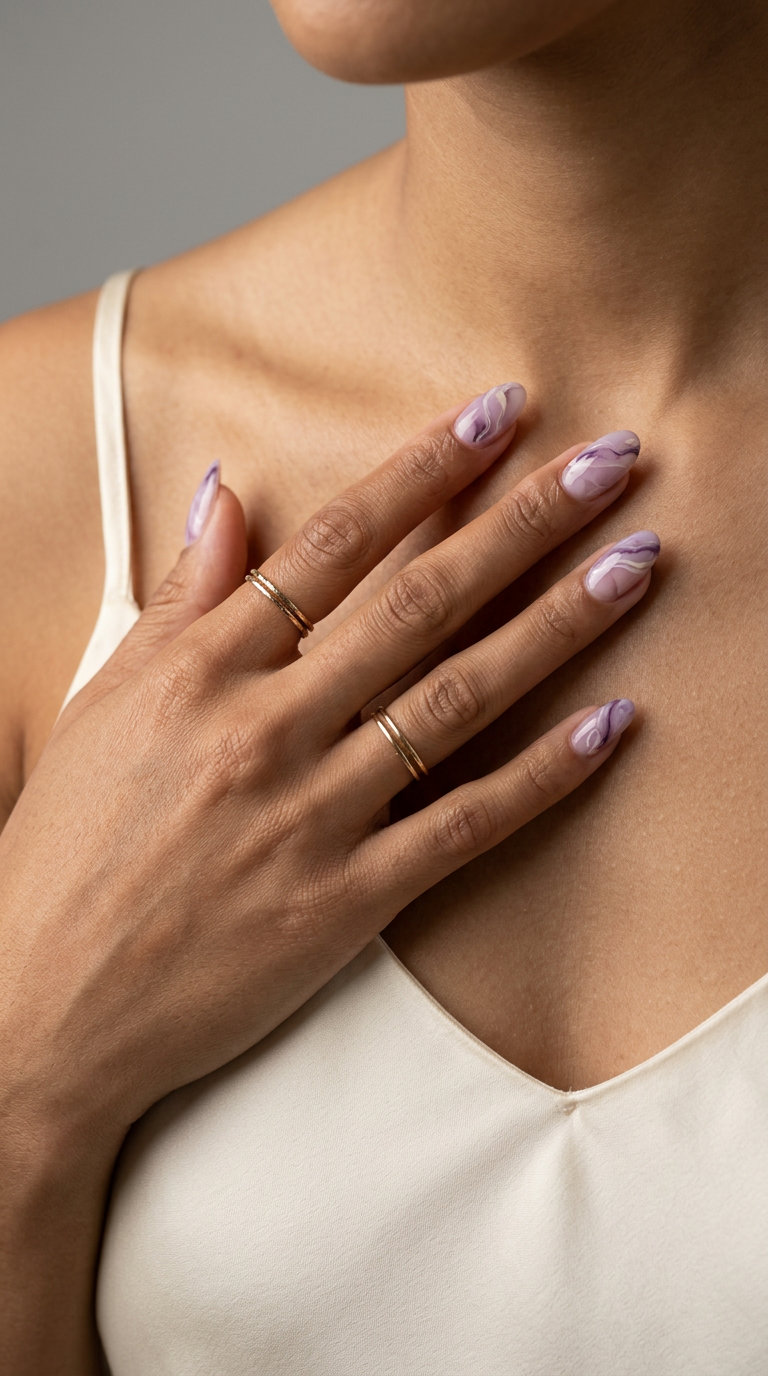 Oval summer nails 2026: Milky lilac marble dreams for weddings and date nights. Romantic and ethereal.
