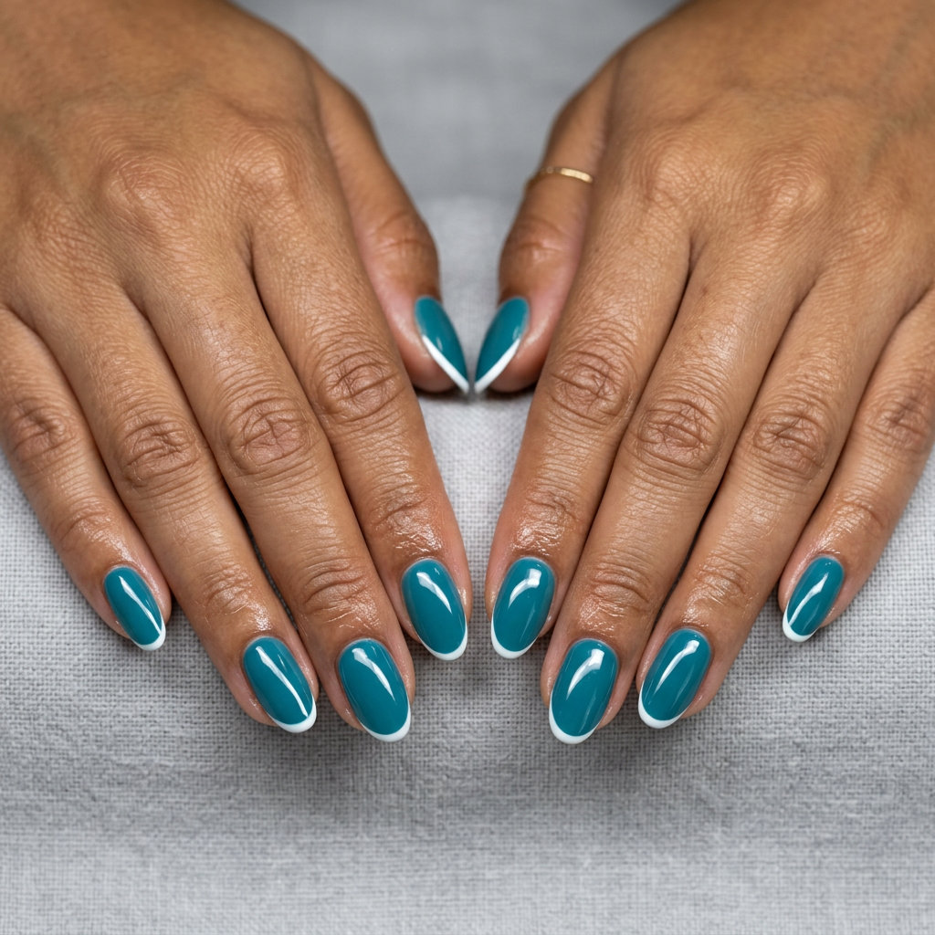 Ocean Teal Micro French oval summer nails 2026 for all skin tones. Sophisticated teal with white tips.