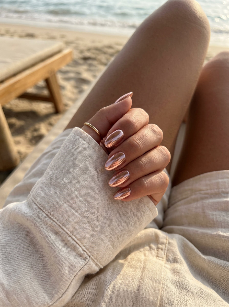 Rose Gold Chrome oval summer nails 2026 for all skin tones: glamorous metallic pink-gold for parties and date nights.