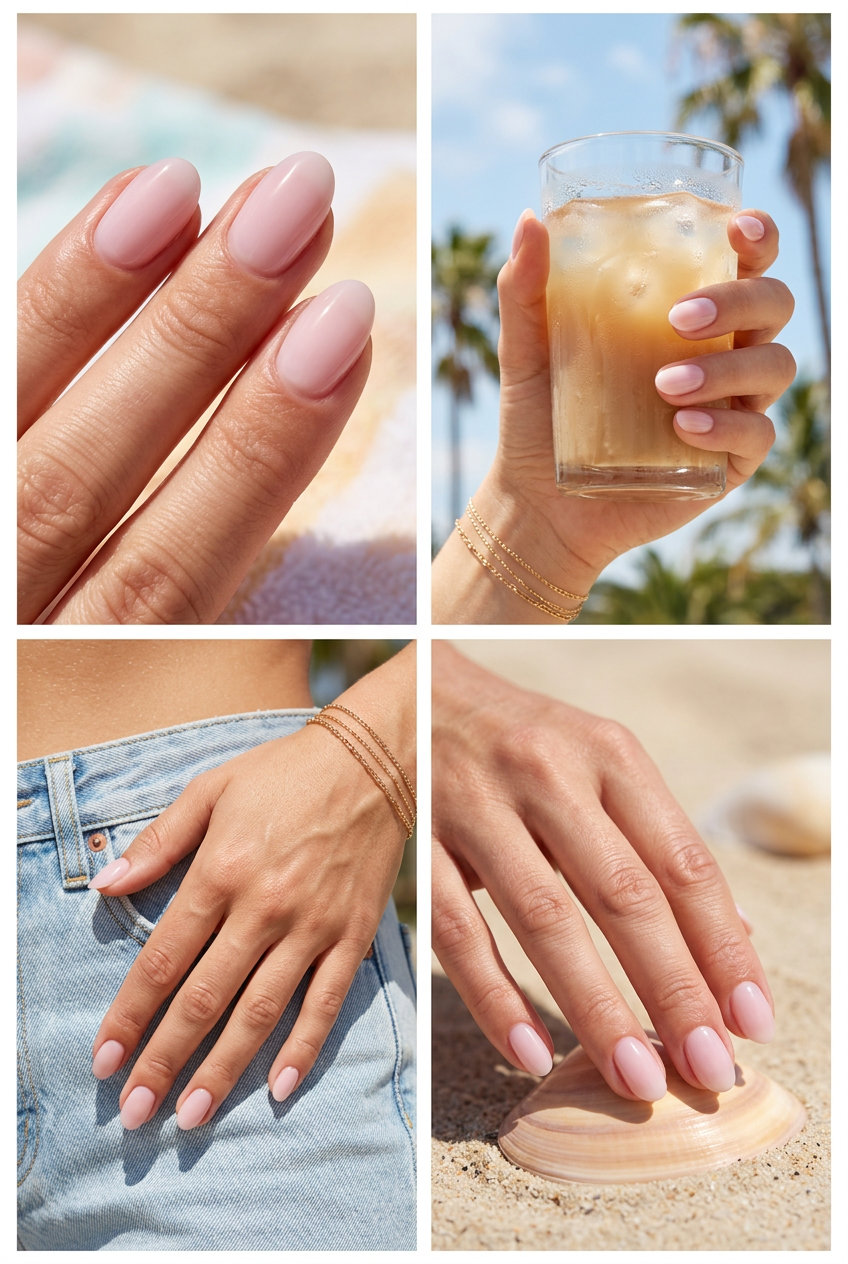 Sheer Pink Milk Bath oval nails: romantic milky pink for weddings and bridal showers.