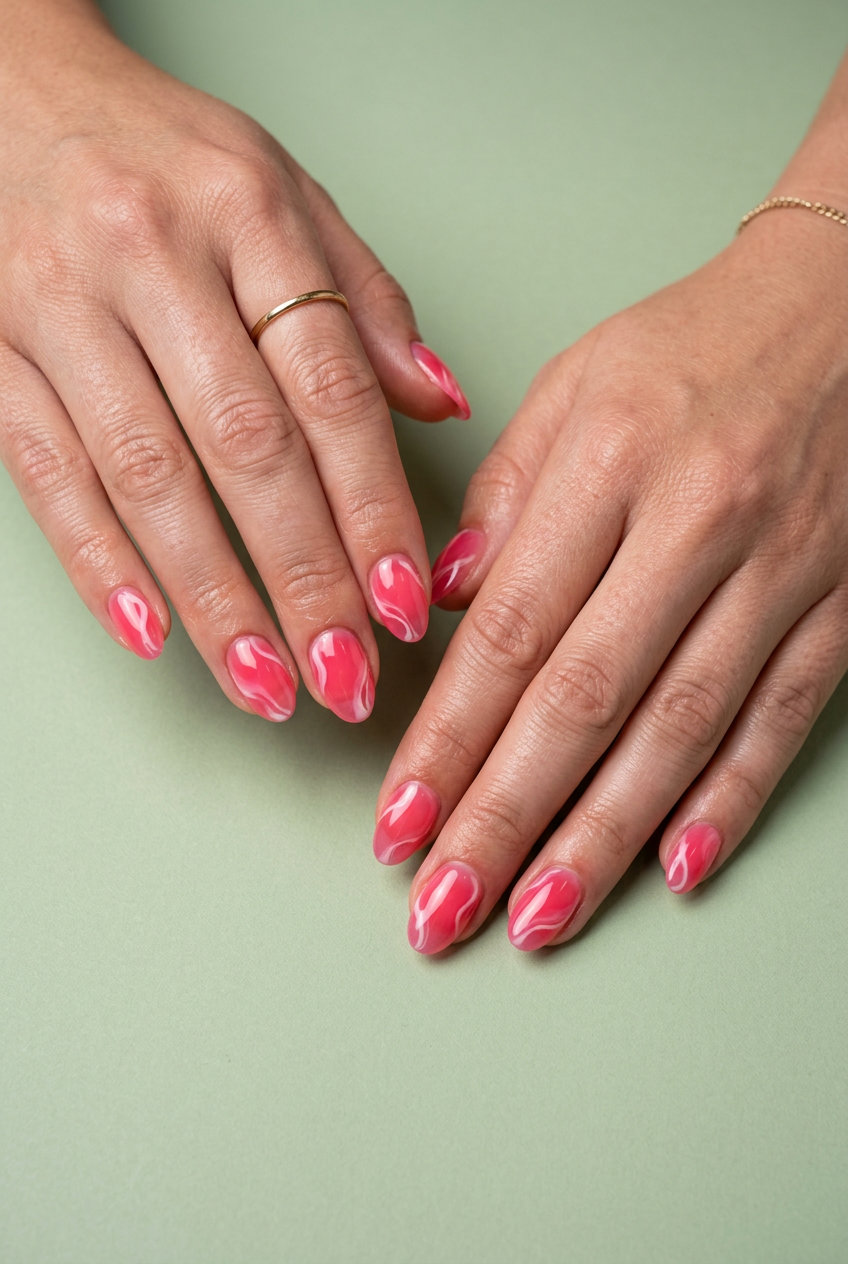 Watermelon Swirl Jelly Oval nails: bright pink jelly with white swirls for summer vacation fun.