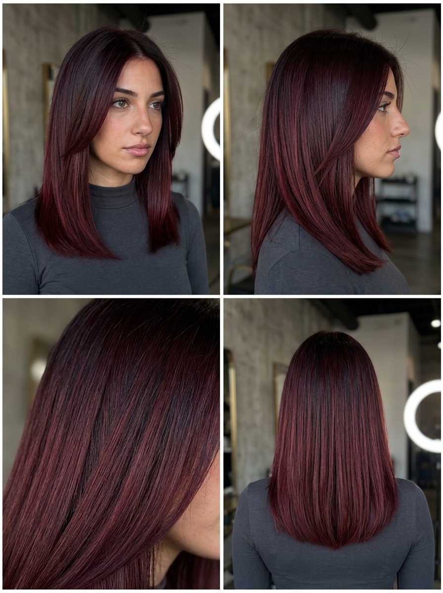 long oxblood to merlot ombré with deep violet-red, blunt cut for sultry nights