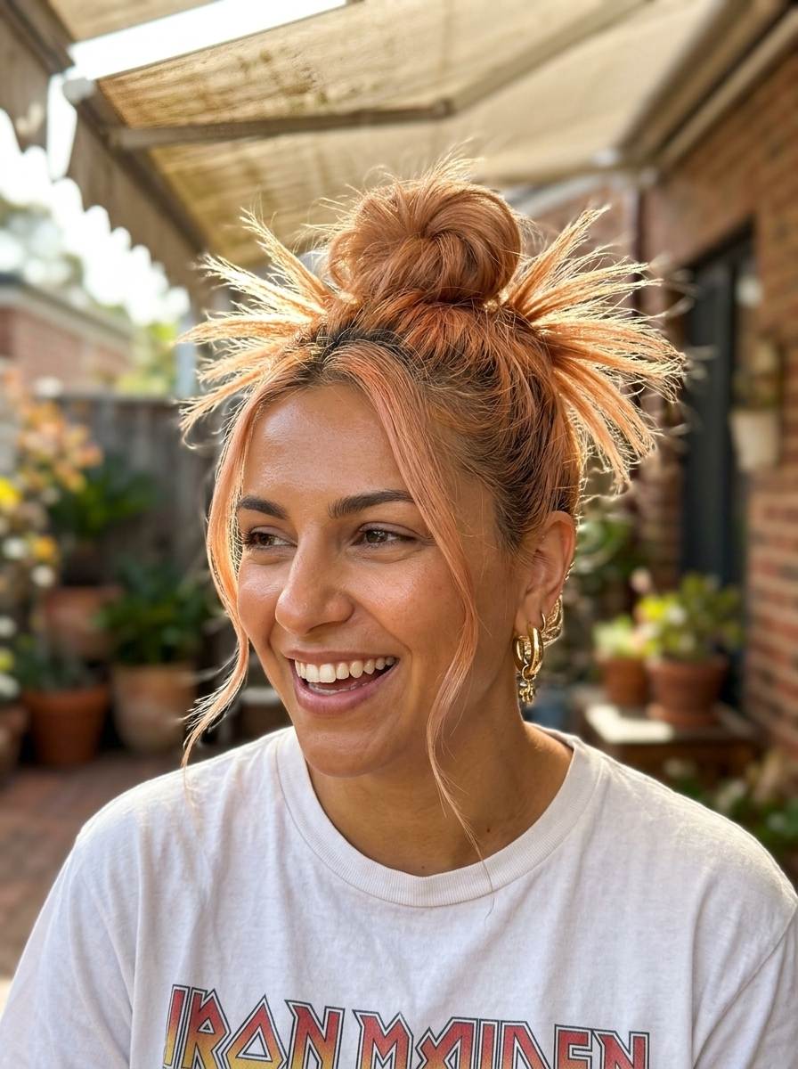 medium spiky top knot with pastel copper spikes, fanned ends, face-framing wisps — playful retro hangout