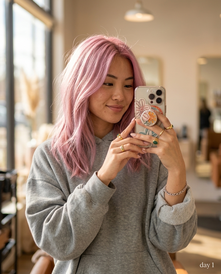 short piecey cotton candy pink pastel hair color with violet undertones, razored cut, playful edgy mood