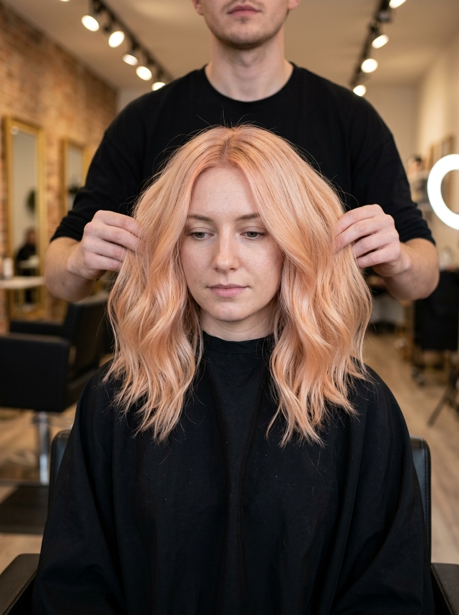 medium layered peach blonde hair color with apricot blush, face-framing layers, romantic ethereal mood