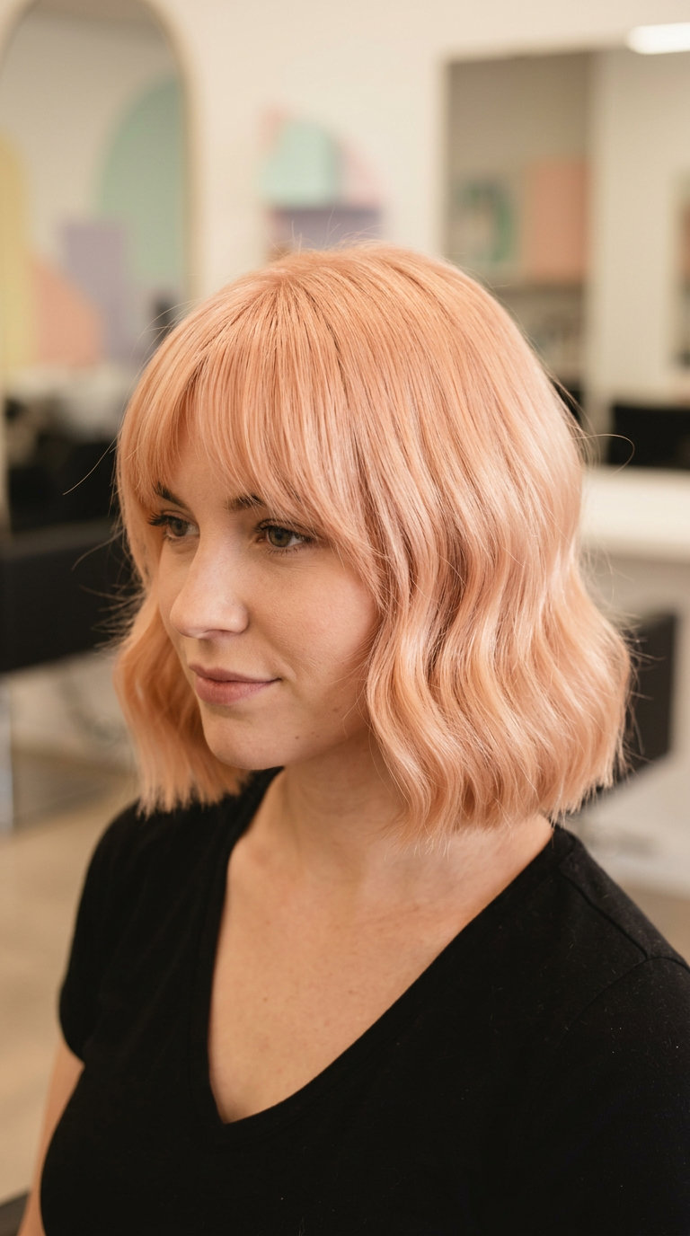chin-length pastel peach blonde bob with strawberry undertones, blunt fringe — retro playful