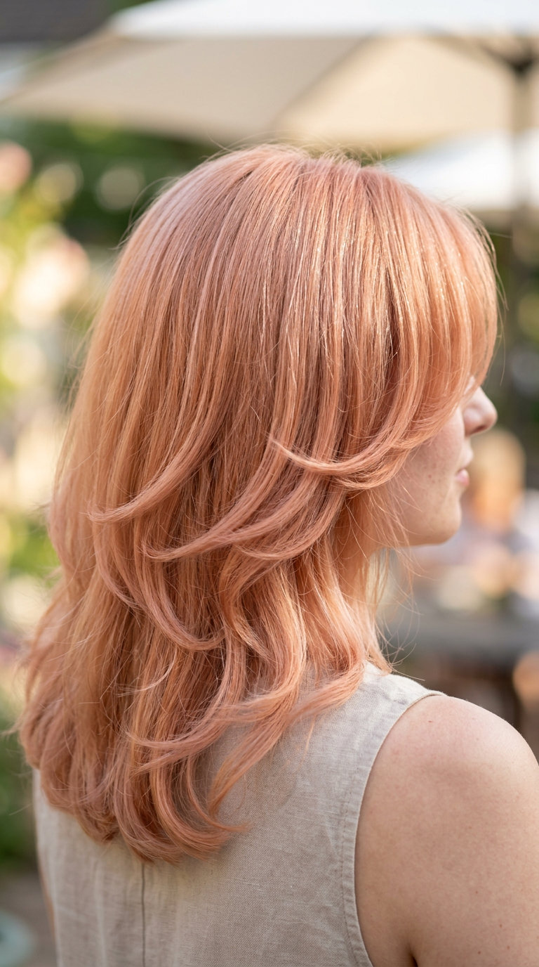 long C-shaped layered haircut in soft peach fuzz copper, apricot undertones for date night