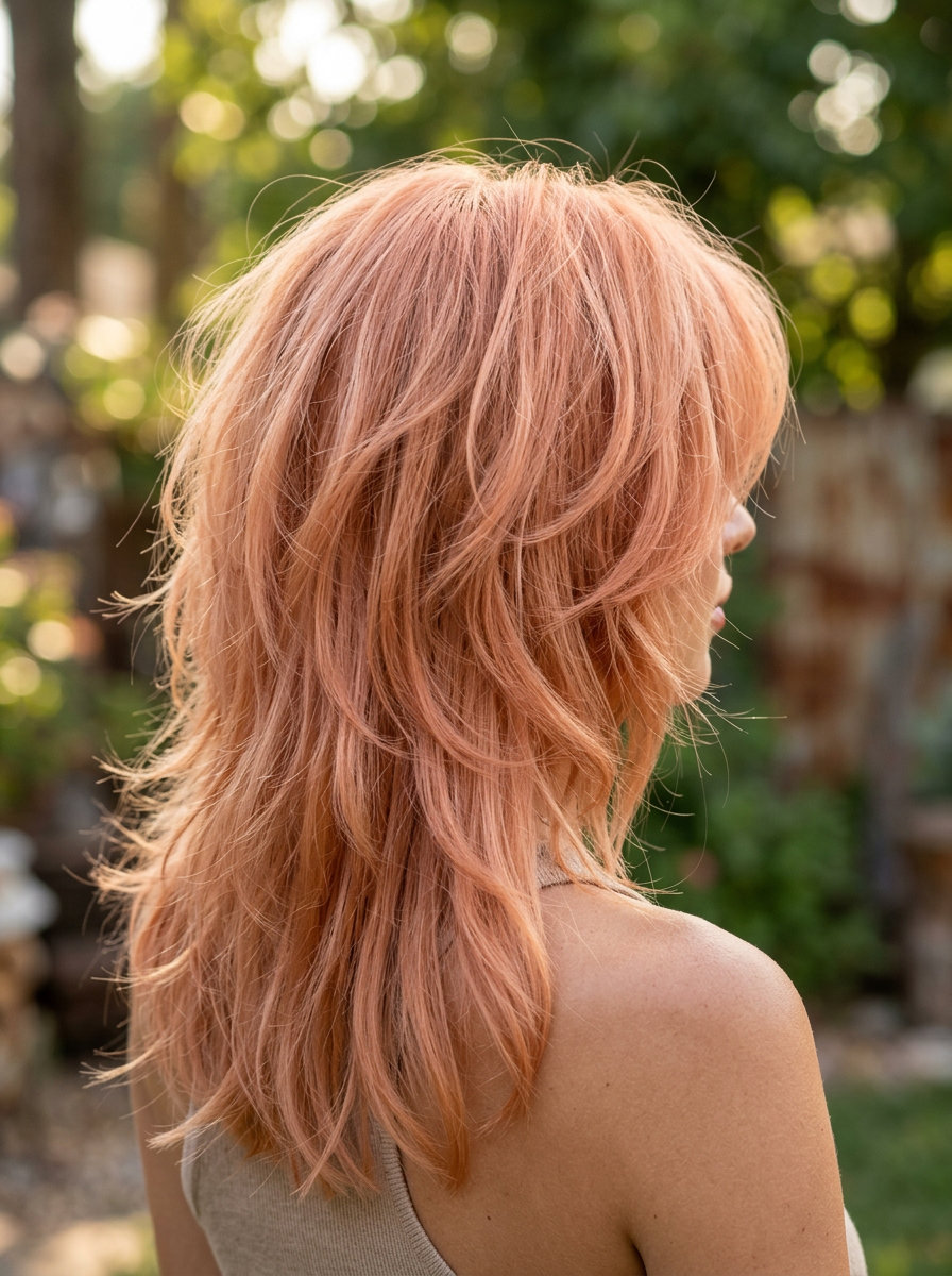 long choppy layered haircut in pastel peach fuzz copper, strawberry blonde undertones for festival